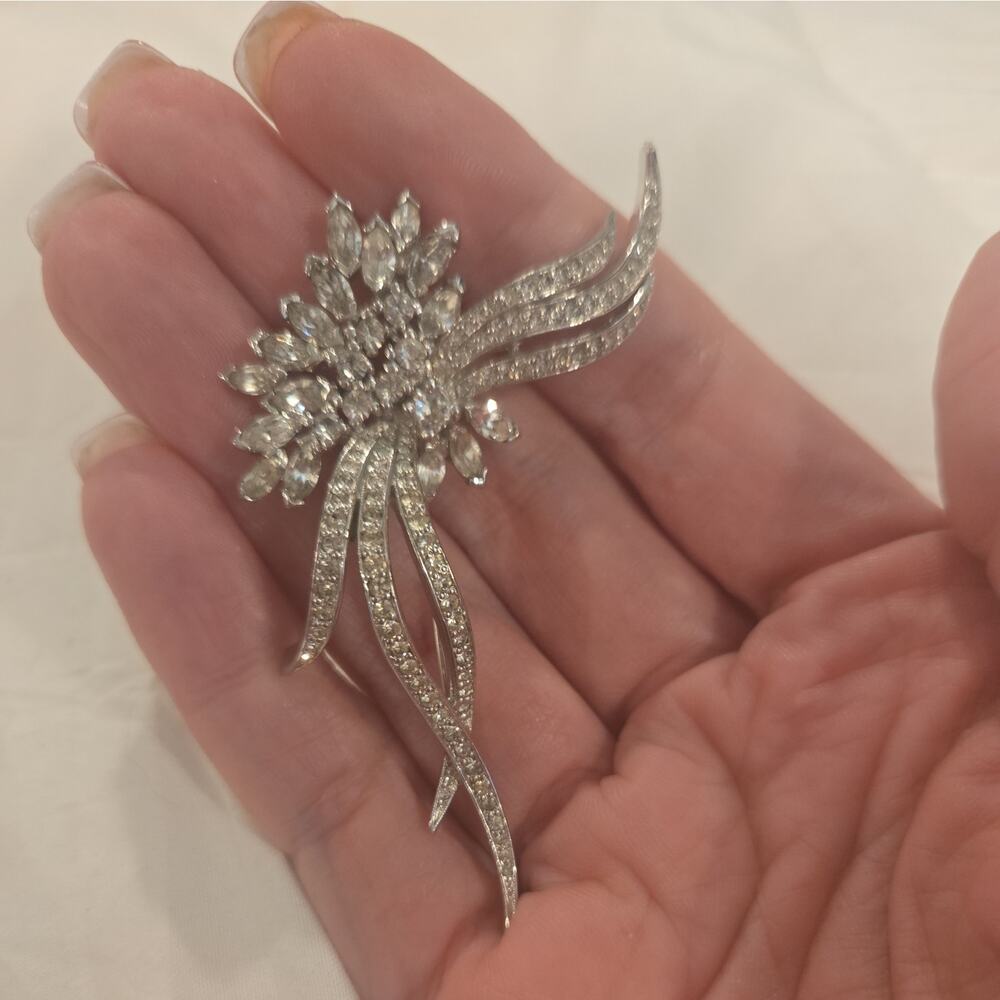 Vintage Panetta clear crystal rhinestones floral spray brooch-silvertone setting
